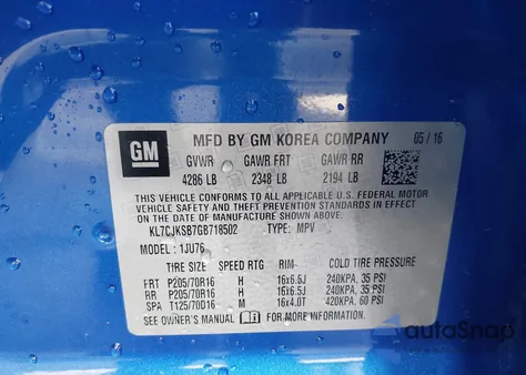 2016 Chevrolet Trax 1Ls z USA, uszkodzony, nr VIN KL7CJKSB7GB718502